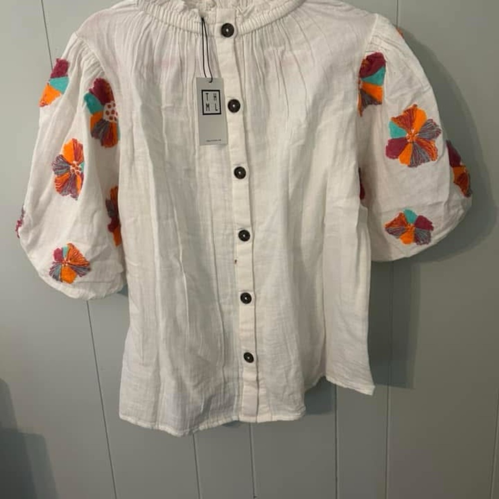 THML White and Red Embellished Blouse with Mandarin Collar
